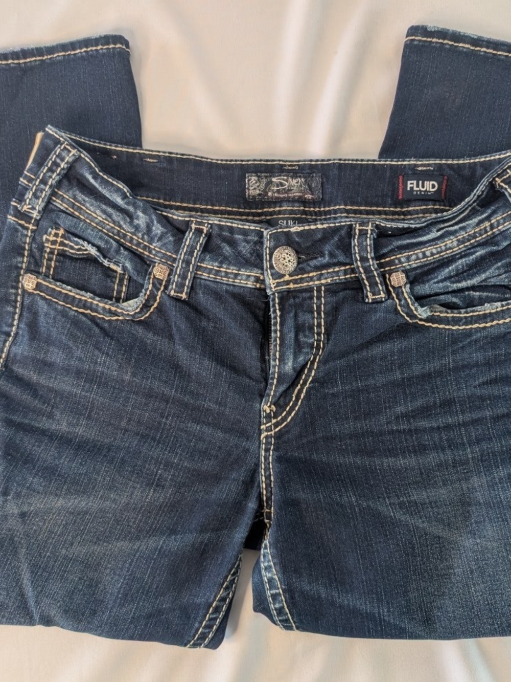 Silver Jeans Dark Blue Ankle Cropped Denim with Contrast Stitching Size 30
